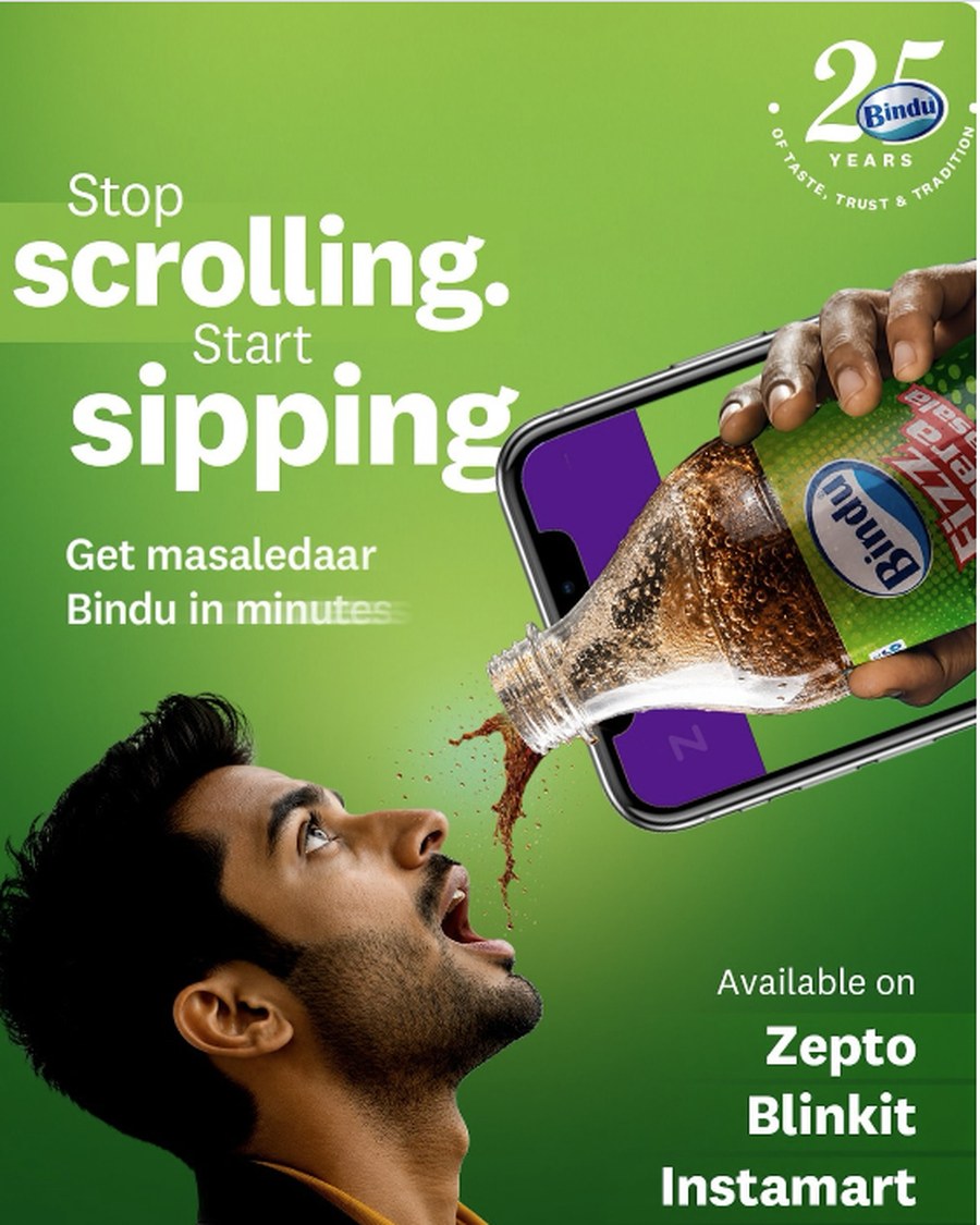 Bindu Fizz Jeera Masala poured from a phone screen — quick-commerce campaign creative