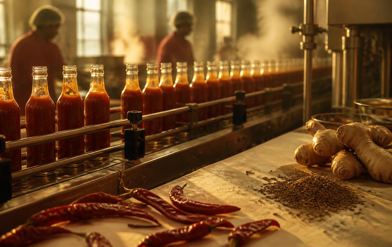 Bottles moving along a bottling line at a House of Bindu facility, with fresh ginger, cumin and dried red chillies in the foreground